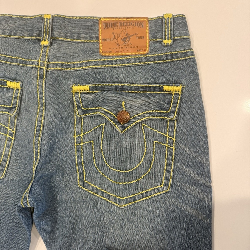 Y2K TRUE Religion World Tour‎ Bobby Super T Men's 42 Jeans Neon Green Stitch